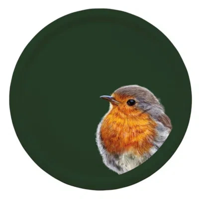Halcyon Days Woodland Robin Birchwood Tray In Gray;green;yellow