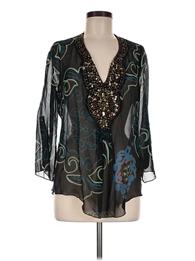 Pre-owned Hale Bob 3/4 Sleeve Silk Top Black Plunge Neckline Tops