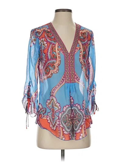Pre-owned Hale Bob 3/4 Sleeve Silk Top Blue Plunge Neckline Tops