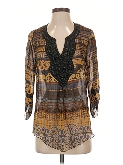 Pre-owned Hale Bob 3/4 Sleeve Silk Top Brown Plunge Neckline Tops