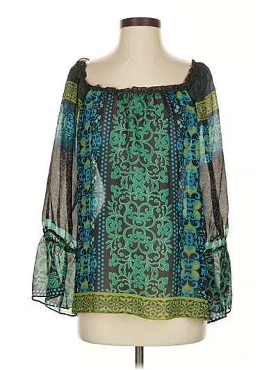 Pre-owned Hale Bob 3/4 Sleeve Silk Top Green Print Pattern Square Neckline Tops