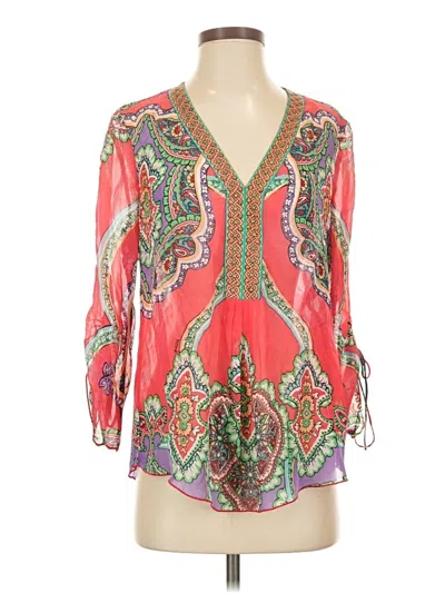 Pre-owned Hale Bob 3/4 Sleeve Silk Top Pink Plunge Neckline Tops
