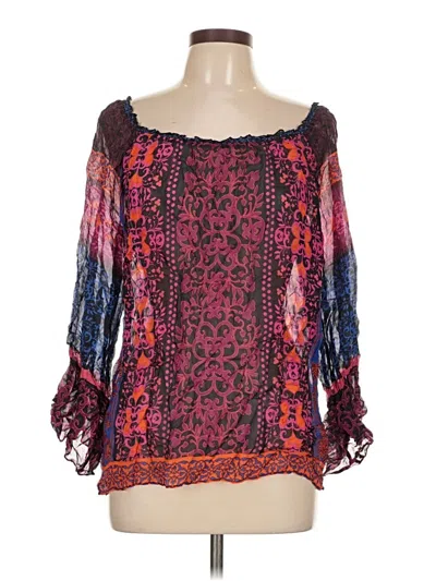 Pre-owned Hale Bob 3/4 Sleeve Silk Top Purple Square Neckline Tops