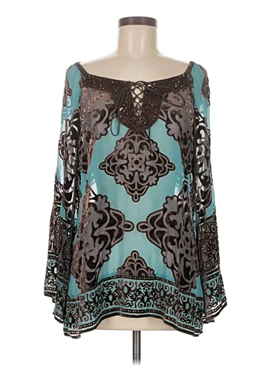 Pre-owned Hale Bob 3/4 Sleeve Silk Top Teal Scoop Neck Tops In Blue