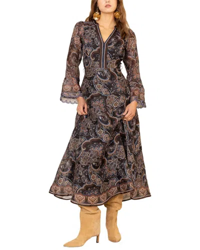 Hale Bob Artemis Long Sleeve Silk & Linen-blend Midi Dress In Brown