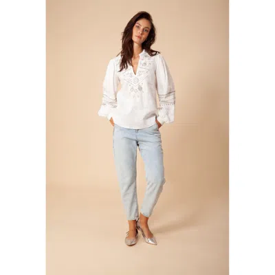 Hale Bob Clea Embroidered Linen Top In White