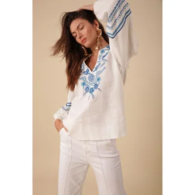 Hale Bob Clea Embroidered Linen Top In White