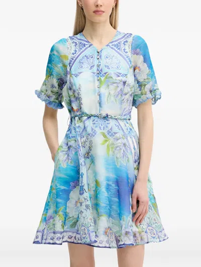 Hale Bob Cyrilla Floral-print Belted Mini Dress In Blue