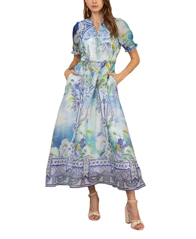Hale Bob Cyrilla Linen Organza Maxi Dress In Blue