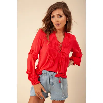 Hale Bob Emilia Solid Laceup Top In Red
