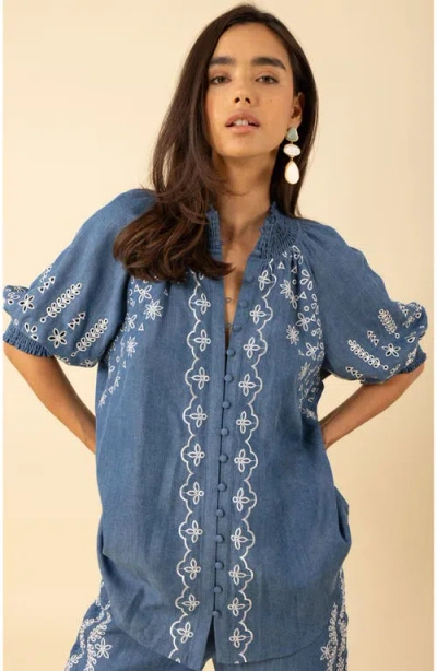 Hale Bob Fallon Embroidered Chambray Top In Blue