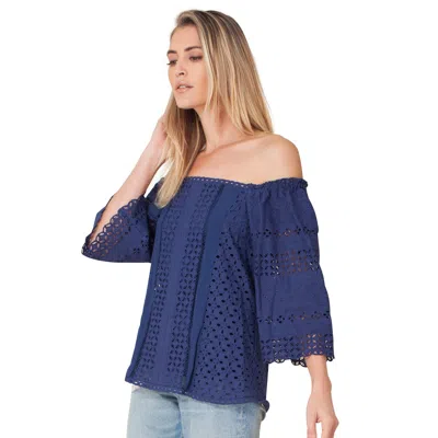 Hale Bob Fiona Off Shoulder Eyelet Top In Blue