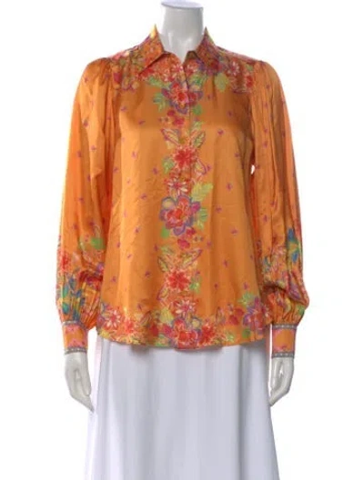 Pre-owned Hale Bob Floral Print Long Sleeve Blouse In Orange