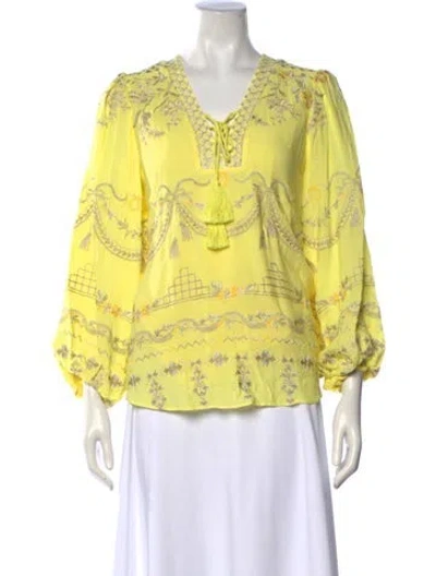 Pre-owned Hale Bob Floral Print V-neck Blouse In Yellow