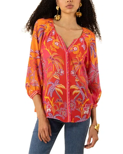Hale Bob Freyja Long Sleeve Silk Top In Red