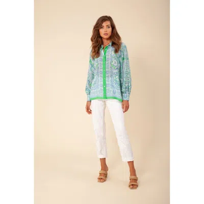 Hale Bob Gloria Silk Button Up Top In Blue