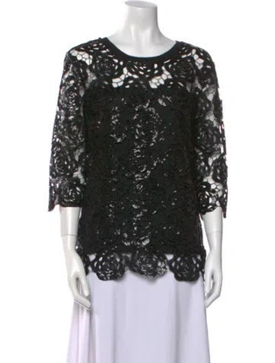 Pre-owned Hale Bob Lace Pattern Bateau Neckline Blouse In Black