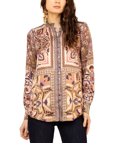Hale Bob Long Sleeve Etta Woven Silk Blouse In Blue