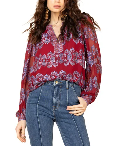 Hale Bob Long Sleeve Lexie Silk-blend Blouse In Red