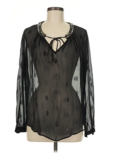 Pre-owned Hale Bob Long Sleeve Silk Top Black Keyhole Neckline Tops