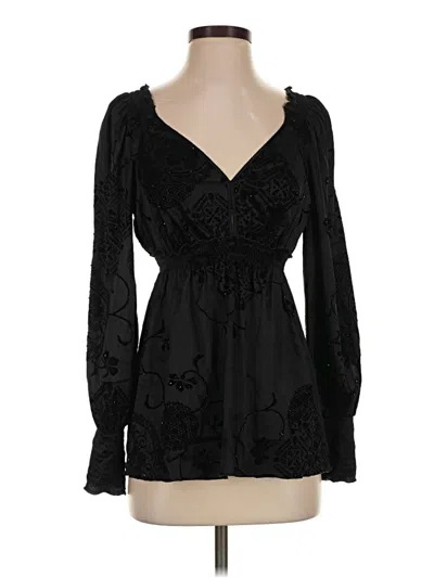Pre-owned Hale Bob Long Sleeve Silk Top Black Sweetheart Neckline Tops