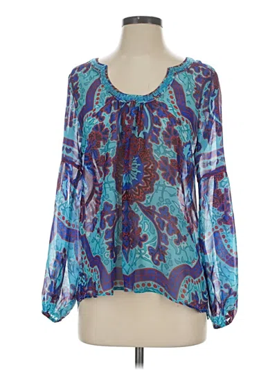 Pre-owned Hale Bob Long Sleeve Silk Top Blue Keyhole Neckline Tops
