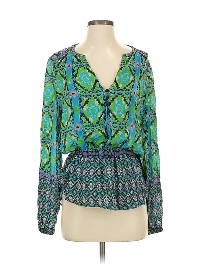 Pre-owned Hale Bob Long Sleeve Silk Top Blue Plunge Neckline Tops