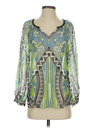 Pre-owned Hale Bob Long Sleeve Silk Top Blue V-neck Tops