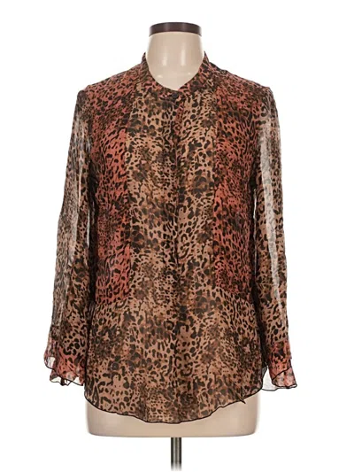 Pre-owned Hale Bob Long Sleeve Silk Top Brown Animal Print Pattern Crew Neck Tops