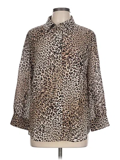 Pre-owned Hale Bob Long Sleeve Silk Top Brown Animal Print Pattern High Neck Tops