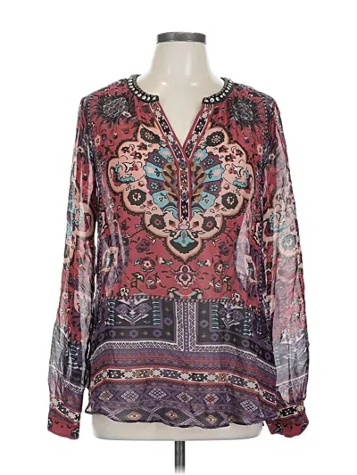 Pre-owned Hale Bob Long Sleeve Silk Top Burgundy V Neck Tops