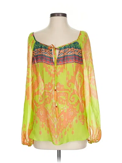 Pre-owned Hale Bob Long Sleeve Silk Top Green Sweetheart Neckline Tops