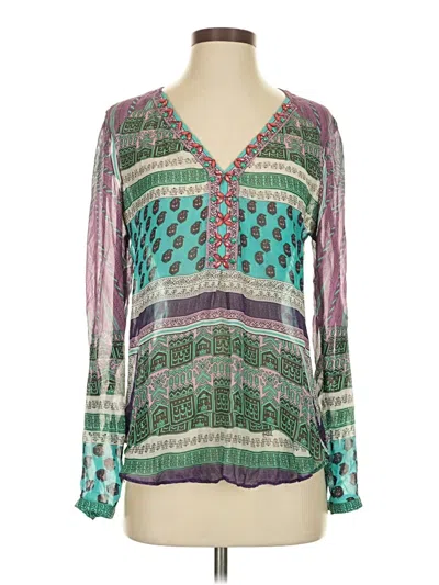 Pre-owned Hale Bob Long Sleeve Silk Top Green V Neck Tops