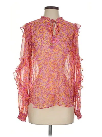 Pre-owned Hale Bob Long Sleeve Silk Top Pink Ruffles Neckline Tops