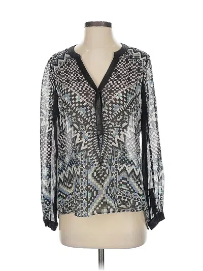 Pre-owned Hale Bob Long Sleeve Silk Top Silver Print Pattern Plunge Neckline Tops