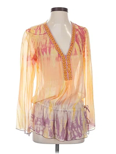 Pre-owned Hale Bob Long Sleeve Silk Top Yellow Plunge Neckline Tops