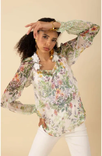 Hale Bob Monica Silk Floral Applique Top In Ivory
