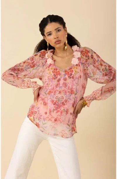 Hale Bob Monica Silk Floral Applique Top In Pink