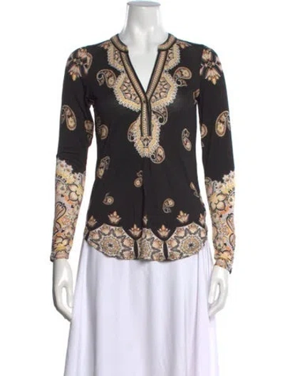 Pre-owned Hale Bob Paisley Print V-neck Top In Black