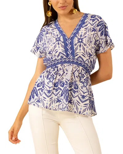 Hale Bob Persephone Short Sleeve Silk Top In Blue