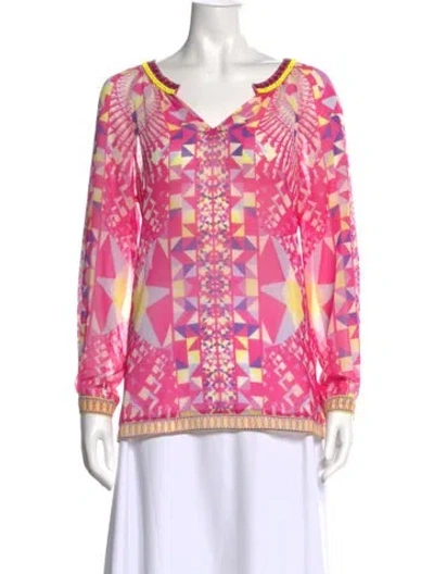 Pre-owned Hale Bob Printed V-neck Blouse In Pink
