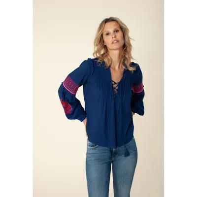 Hale Bob Reign Embroidered Lace-up Top In Blue