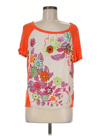 Pre-owned Hale Bob Short Sleeve Silk Top Orange Floral Pattern Tops