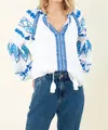 Hale Bob Terra Embroidered Top In White And Blue