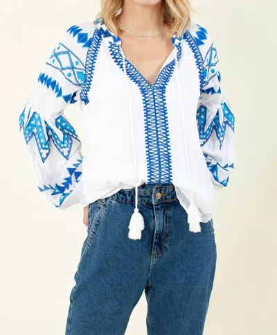 Hale Bob Terra Embroidered Top In White And Blue