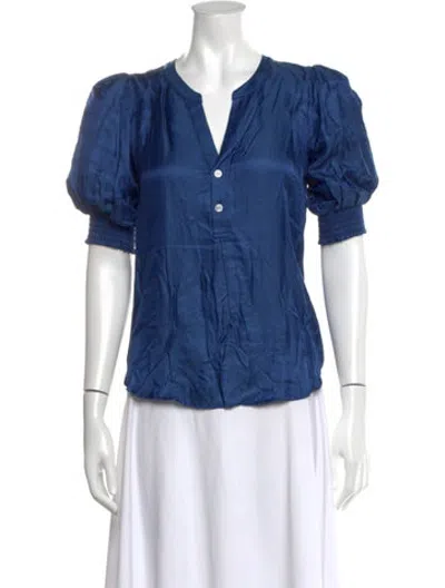 Pre-owned Hale Bob V-neck Short Sleeve Blouse W/ Tags In Blue