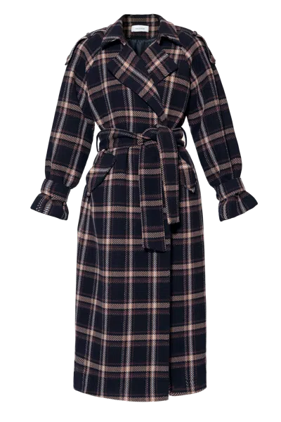 Halewski Coat Ricarda Check Navy Brown In Black