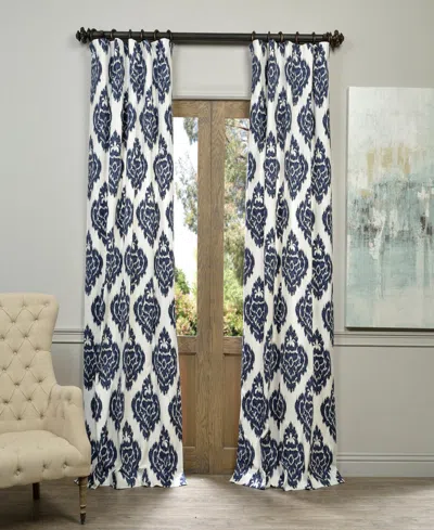 Half Price Drapes Ikat Blue Damask Printed Cotton Room Darkening Curtain