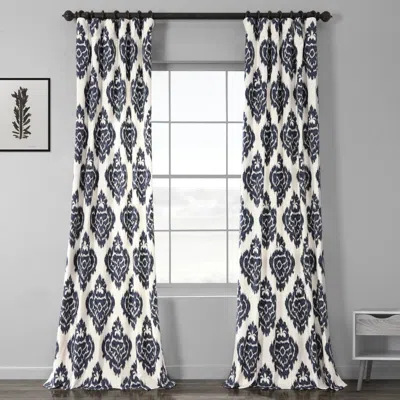 Half Price Drapes Ikat Blue Damask Printed Cotton Room Darkening Curtain