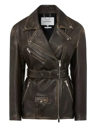 Halfboy Belted Biker Jacket In Brown